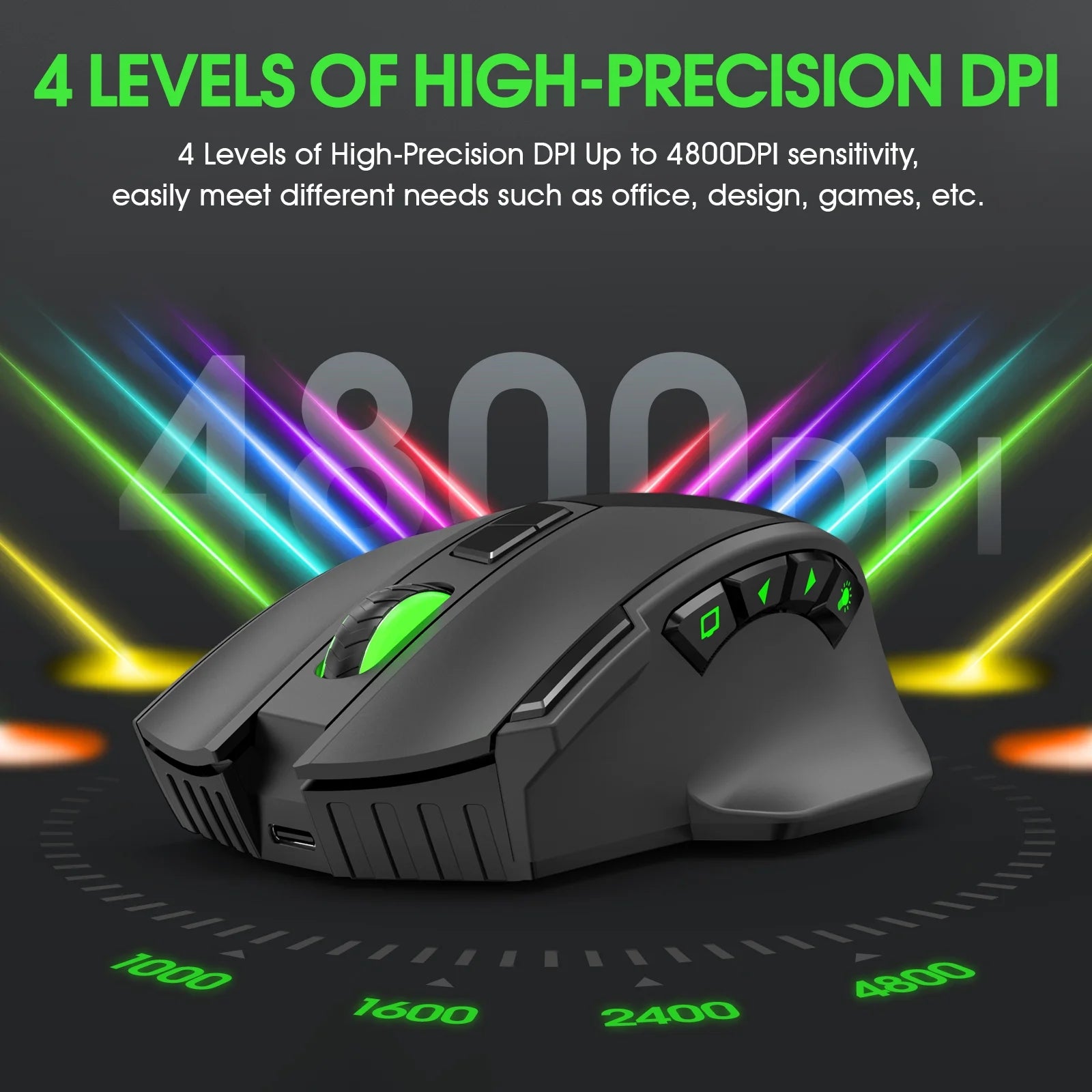 Wireless Gaming Mouse, 16000 DPI Adjustable, Bluetooth 5.2 & 2.4Ghz Dual Mode, Lightweight, 10 Buttons, RGB Lighting, for PC Gaming & Office, (Black)