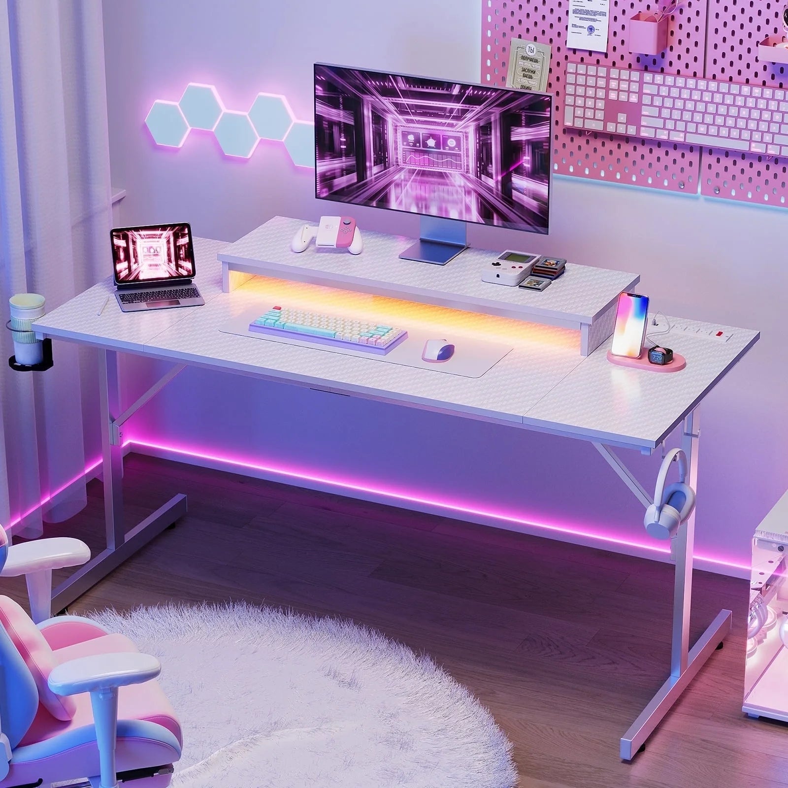 52 Inch Gaming Desk with Power Strip and LED Monitor Stand for Home Office, Carbon Fiber White