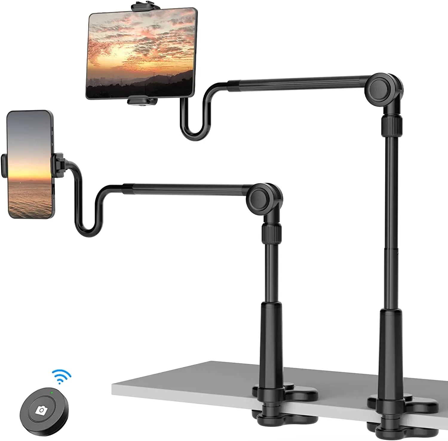 4.6"-11" Phone & Tablet Bed Holder with Wireless Remote,Gooseneck Cellphone Stand Long Arm,Flexible Overhead Mount Clamp Clip