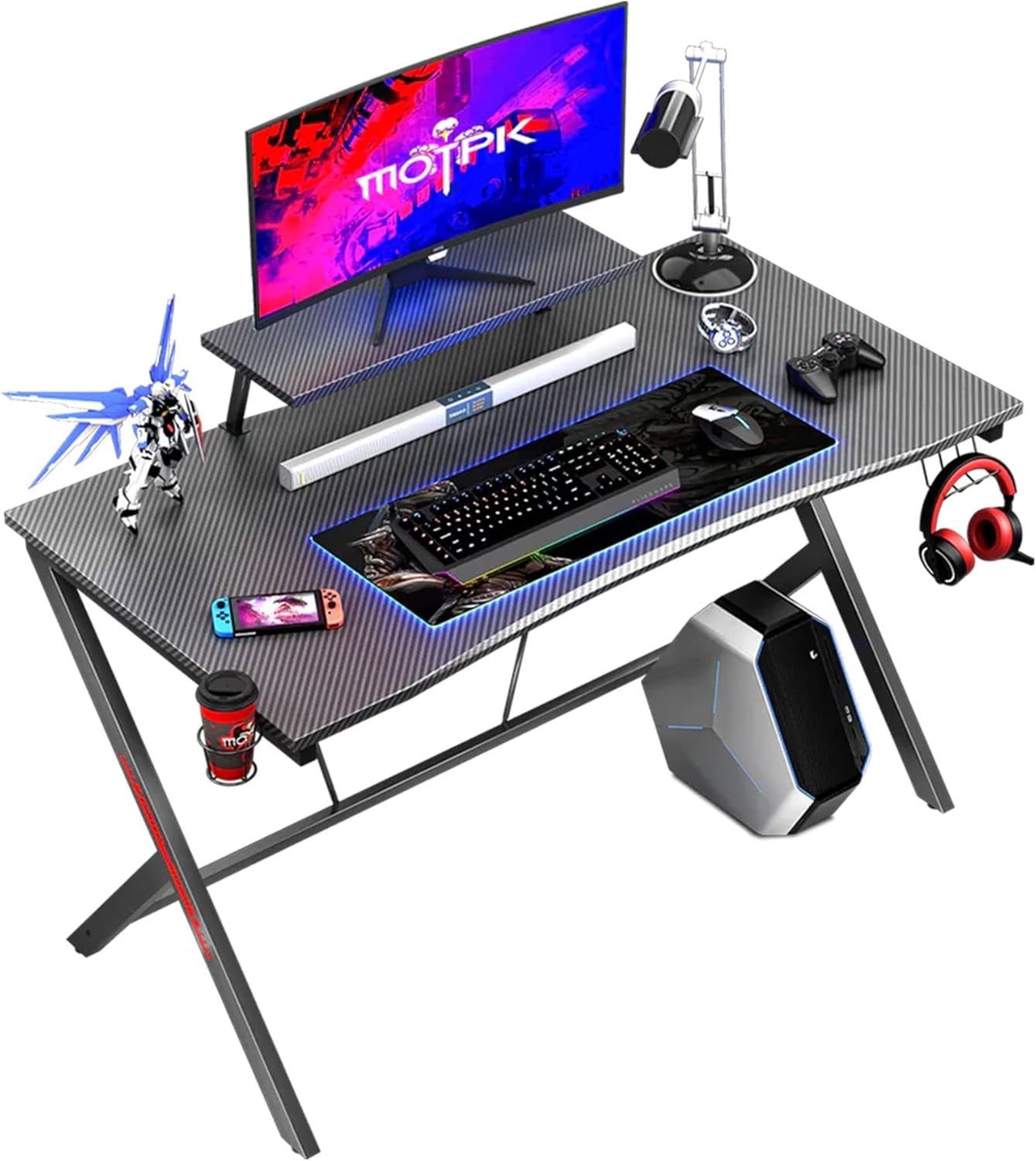 40 Inch Gaming Desk with LED Lights & Power Outlets, Small Computer Gaming Table with Float Monitor Stand, Kids Boys Desk, White