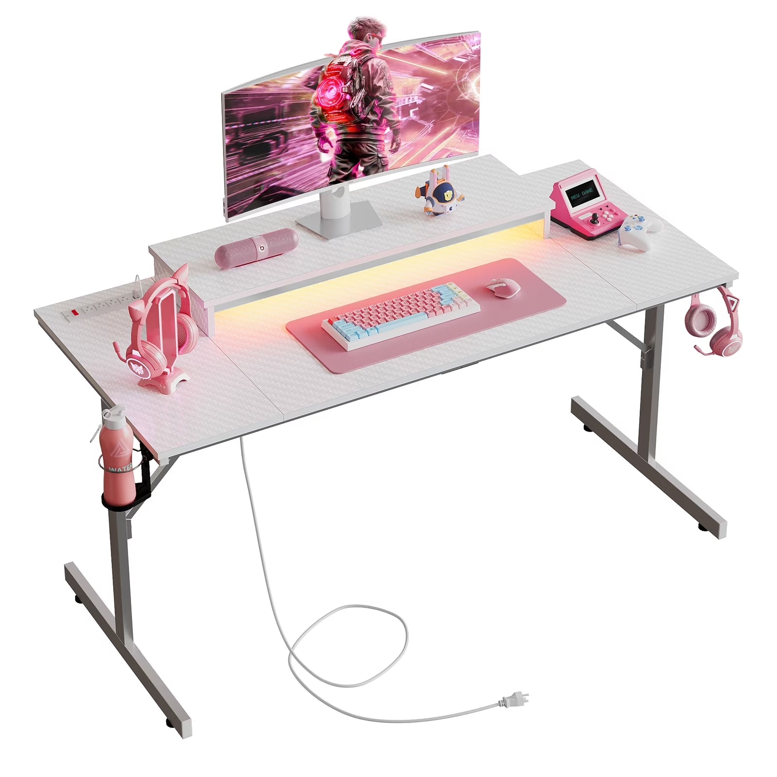52 Inch Gaming Desk with Power Strip and LED Monitor Stand for Home Office, Carbon Fiber White