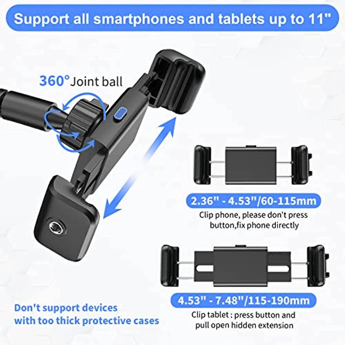 4.6"-11" Phone & Tablet Bed Holder with Wireless Remote,Gooseneck Cellphone Stand Long Arm,Flexible Overhead Mount Clamp Clip