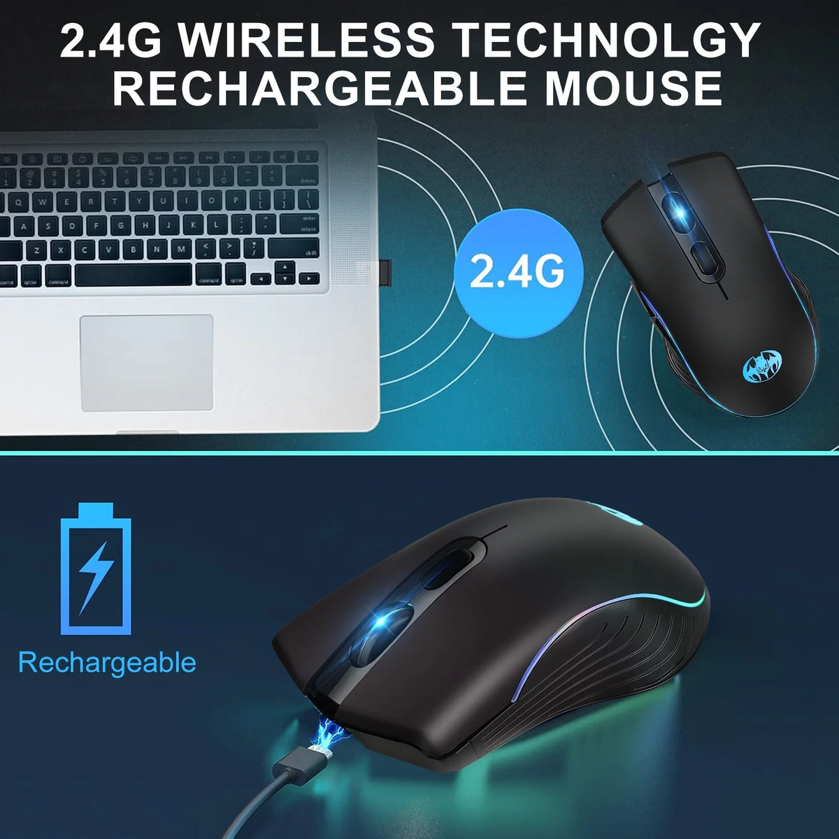 M06 Wireless Gaming Mouse, Rechargeable Computer Mouse Mice with Rainbow Backlit Lights, 3 DPI Levels, 6 Silent Buttons, USB 2.4Ghz Optical Mice for PC Gamer Laptop Desktop Chromebook Mac