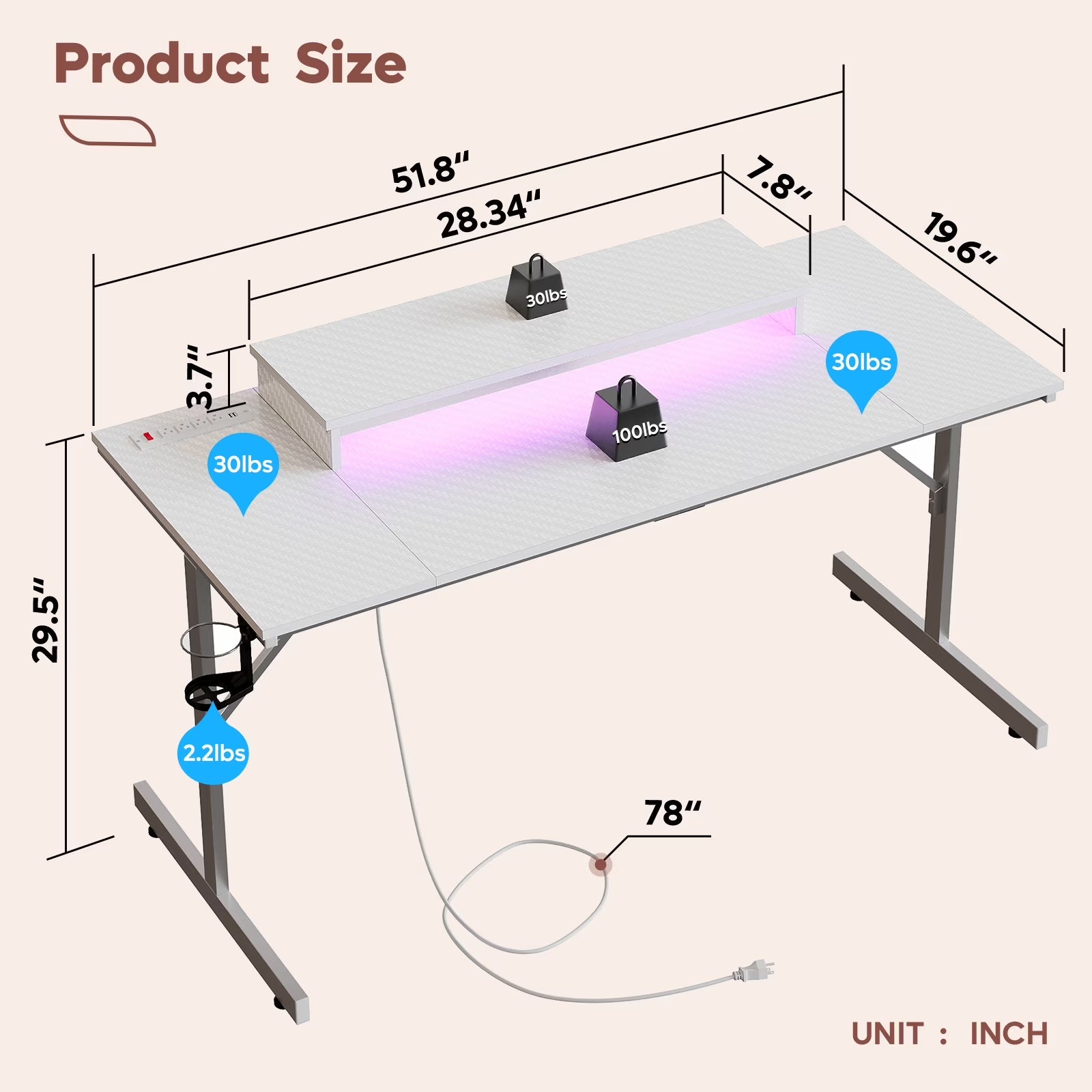 52 Inch Gaming Desk with Power Strip and LED Monitor Stand for Home Office, Carbon Fiber White