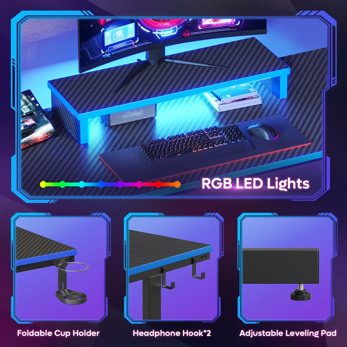42" Gaming Desk PC Computer Table with LED Lights & Monitor Stand & Hook & Cup Holder in Blue