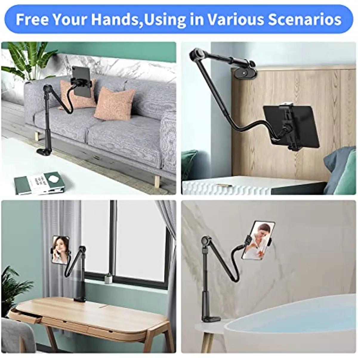 4.6"-11" Phone & Tablet Bed Holder with Wireless Remote,Gooseneck Cellphone Stand Long Arm,Flexible Overhead Mount Clamp Clip